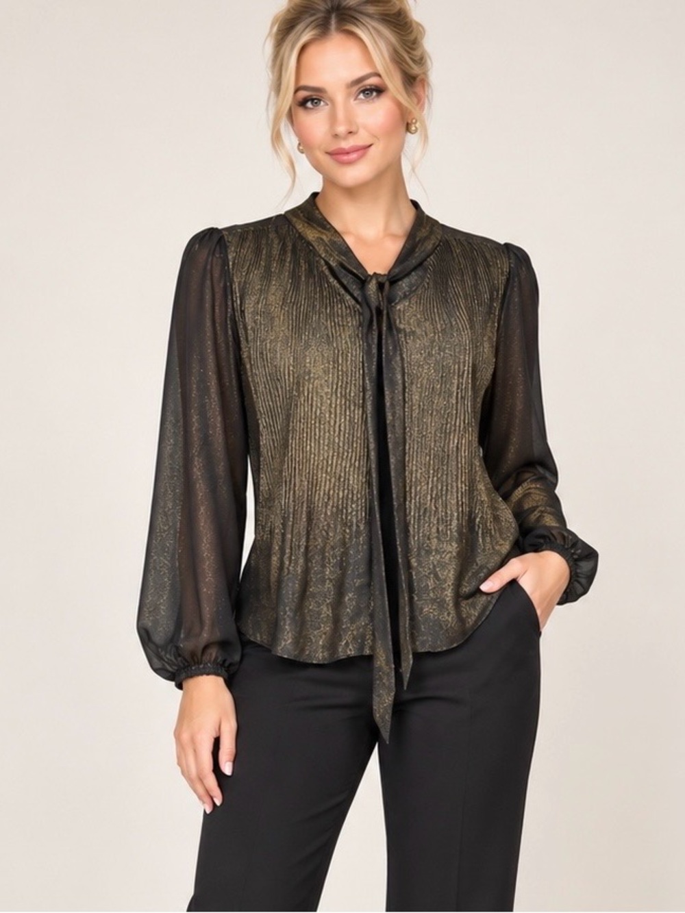 Nannette Lepore Black and Gold Metallic Tie-Neck Blouse Size L